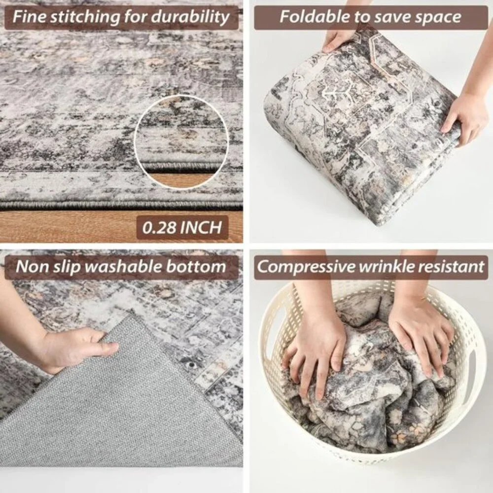 5x7 Gray Washable Area Rug, Vintage Floral Non-Slip Thin Carpet for Room Decor